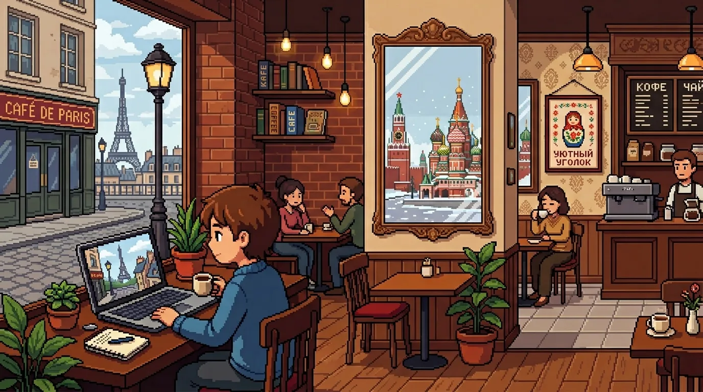 Экспат в парижском кафе подключается к российским сервисам через VPN